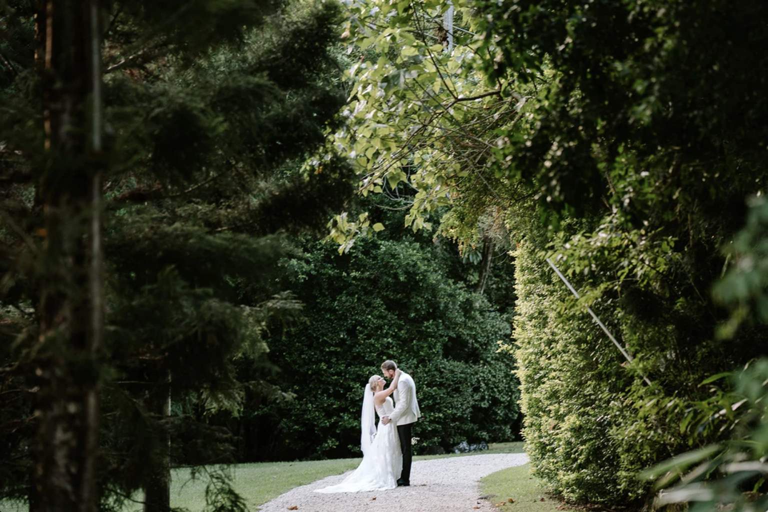 Couple embracing on a rainforest path at The Bower Estate